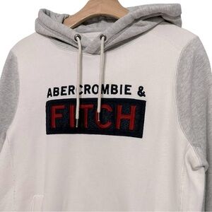 Abercrombie & Fitch Vintage Womens Size S White Gray Felt Logo Hoodie Sweatshirt